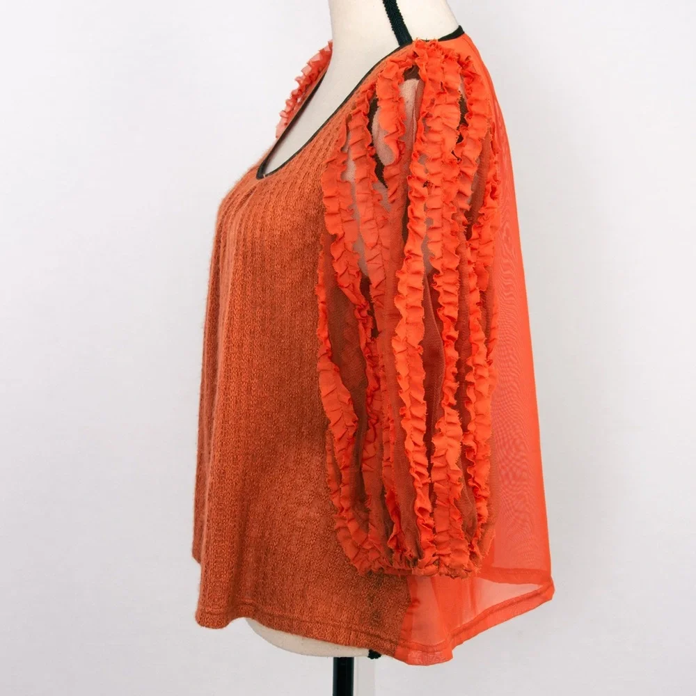 Boho sheer cutout balloon sleeve top 3/4 length sleeve rust orange Ryu S fall - Picture 3 of 10